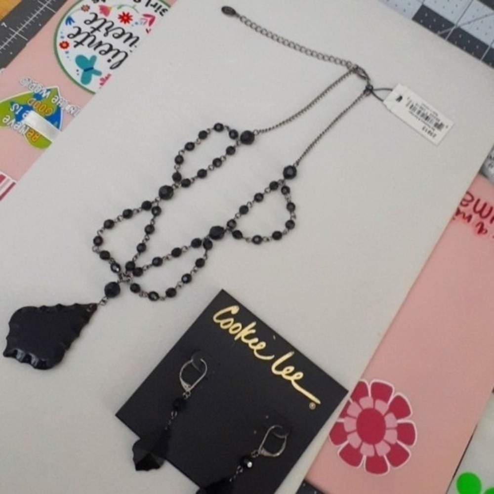 Cookie Lee Black Beaded Tiered Necklace and Drop Earring Jewelry Set 25615
